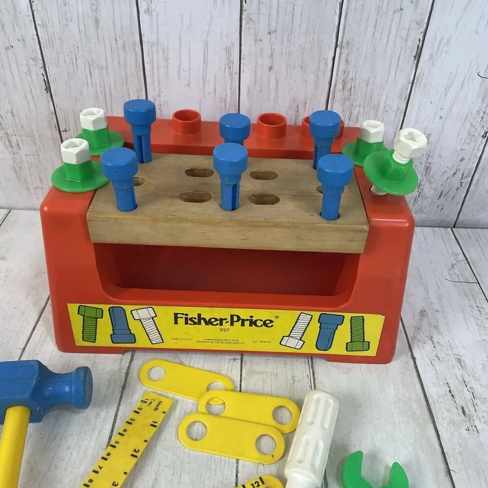 Vintage Fisher-Price Wood & Plastic Work Bench Complete with Tools